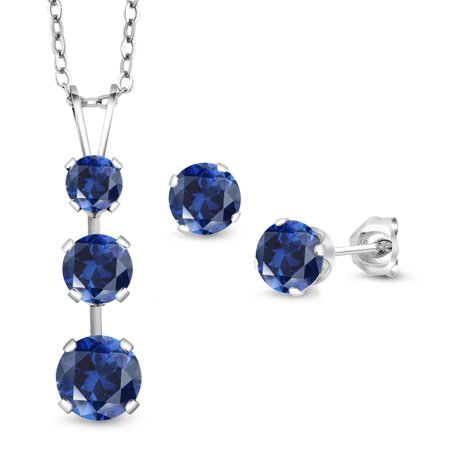 Gem Stone King 925 Sterling Silver Blue Created Sapphire Pendant and Earrings Jewelry Set for Women (3.05 Cttw Gemstone September Birthstone with 18 inch Chain)