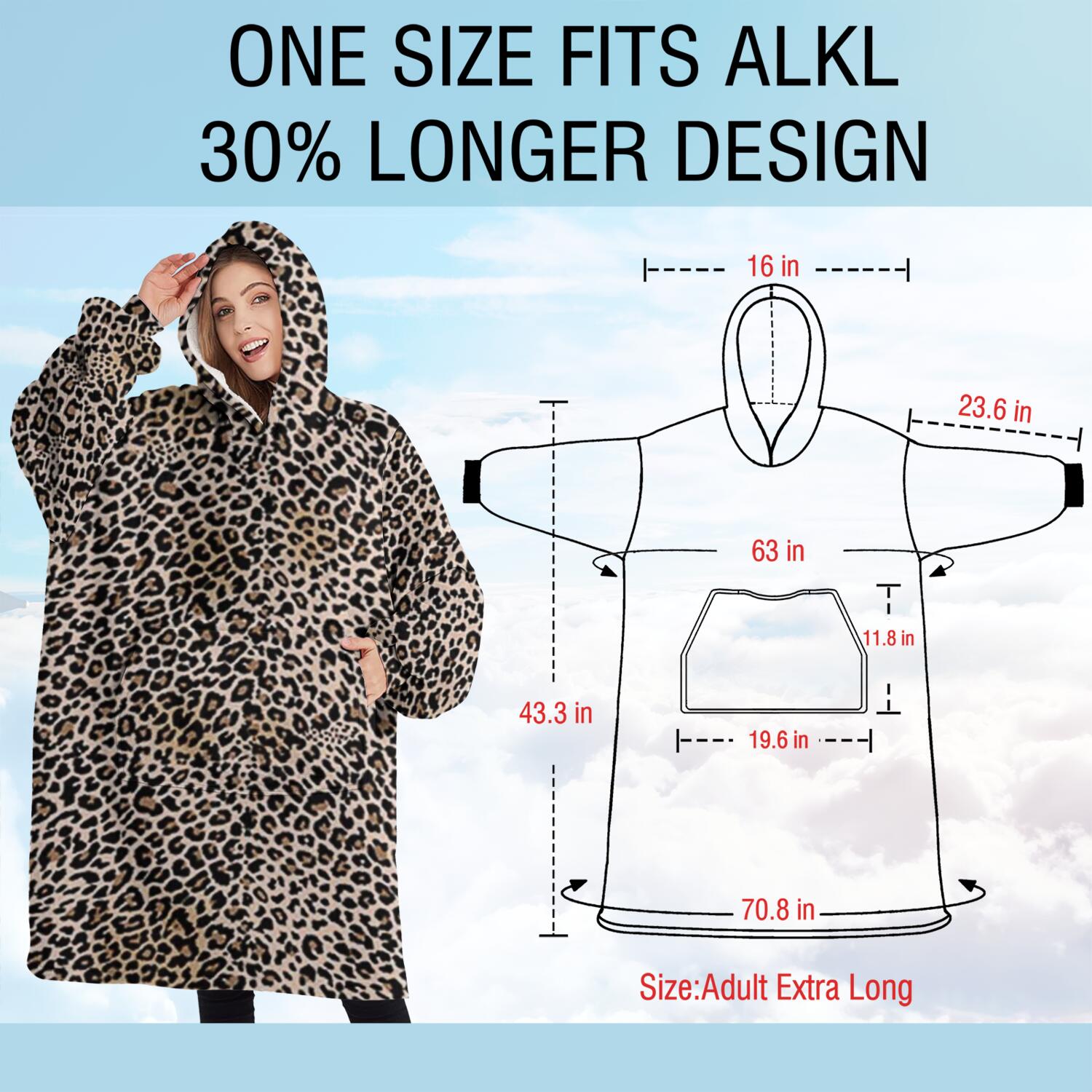 Oversized Wearable Blanket Hoodie,Black and Tan Leopard Print Sherpa Blanket Hoodie with Super Pockets,Super Warm Fuzzy Pullover for Women & Men