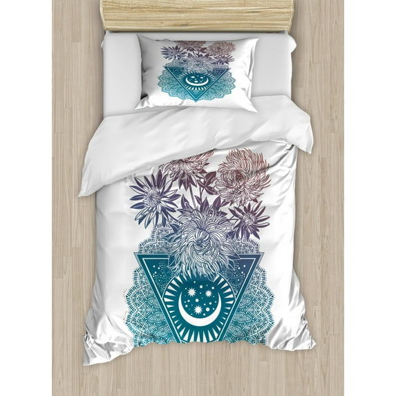 Alchemy Duvet Cover Set Twin Size, Abstract Art with Blooming Chrysanthemum Flowers with Moon and Stars Lace Motif, Decorative 2 Piece Bedding Set with 1 Pillow Sham, Multicolor, by Ambesonne