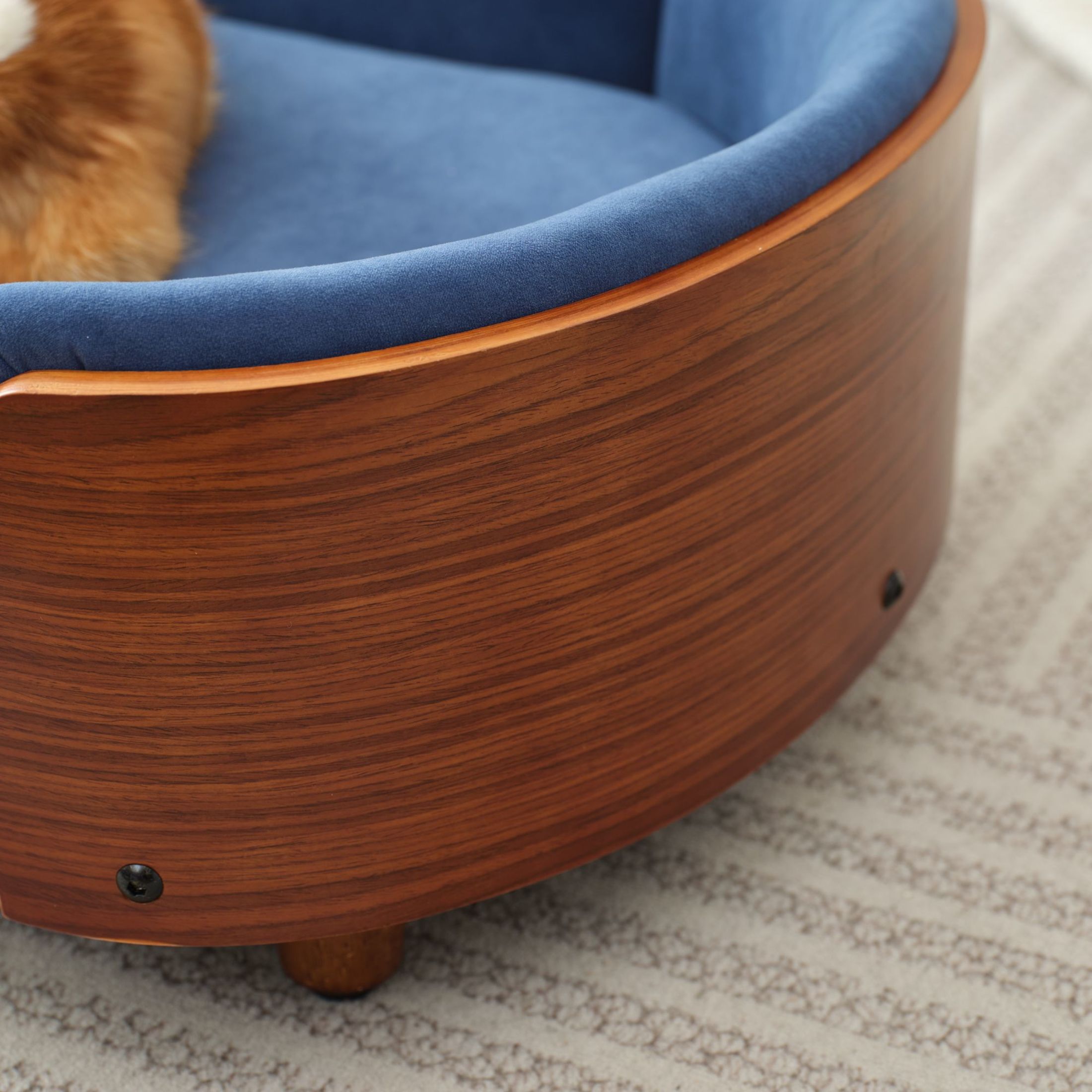 Noble House Scandinavian Elevated Small Dog Bed, Pet Sofa with Solid Wood Frame, Dark Blue and Walnut