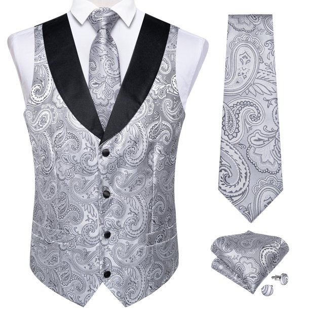 Chaleco de traje de seda de Cachemira para hombre con corbata de cuello de Cachemira dorada, gemelos, chaleco de esmoquin para fiesta de boda