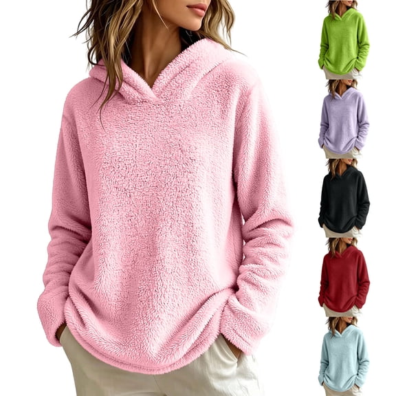 Women's Fuzzy Sherpa Fleece Hoodie Long Sleeve Loose Fit Pullover Tops Soft Warm Casual Loungewear Sweatshirt Everyday Fall Winter Red