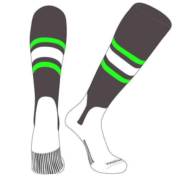 PEAR SOX OTC Baseball Softball Stirrup Socks (B, 5in) Graphite, Neon Green, White (XS)