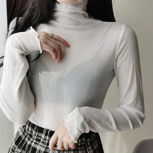 Blusa de malla transparente Sexy para mujer, camisa elegante transparente de manga larga para mujer, Tops a la moda para primavera y otoño