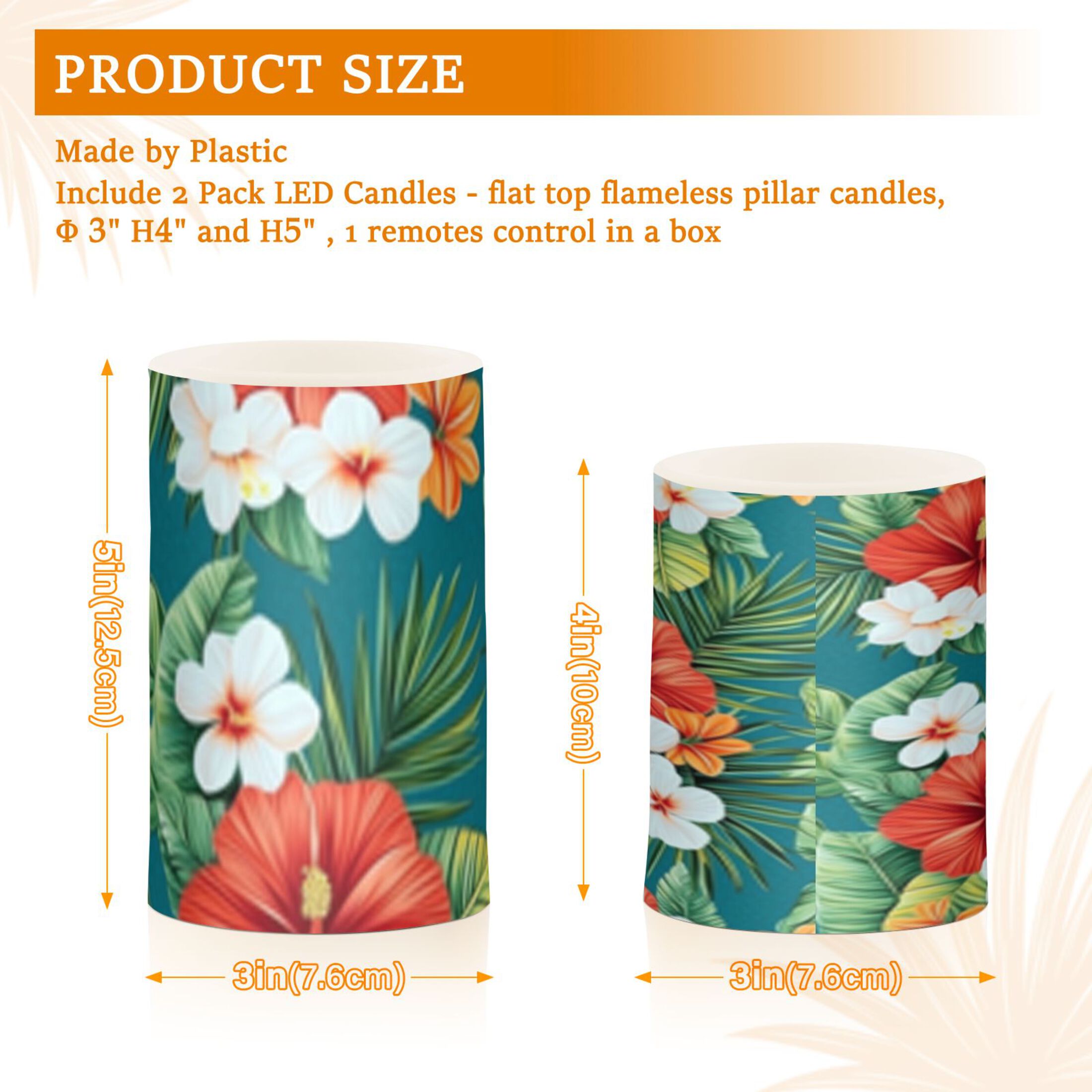 Tropical Flowers with Hibiscus Flickering Flameless Candles Battery Operated with Remote Timer LED Pillar Candles Set of 2