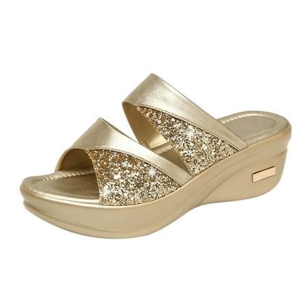 

GYUJNB Women s Rhinestone Dual Strap Sandals Platform Peep Toe Wedge High Heel Slip On Shoes Gold Size 7.5