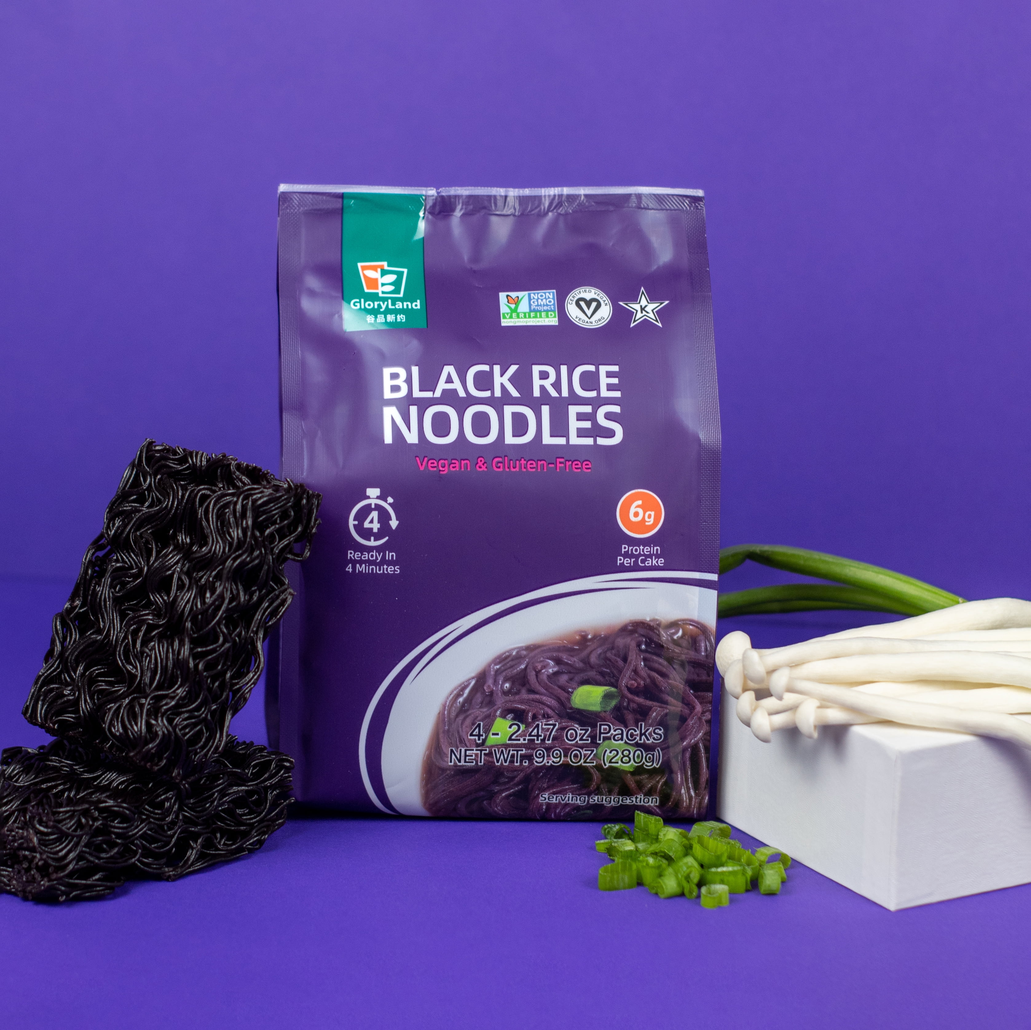 GloryLand Black Rice Noodles (6 Bags) Gluten Free & Only Two Ingredients, No Additives