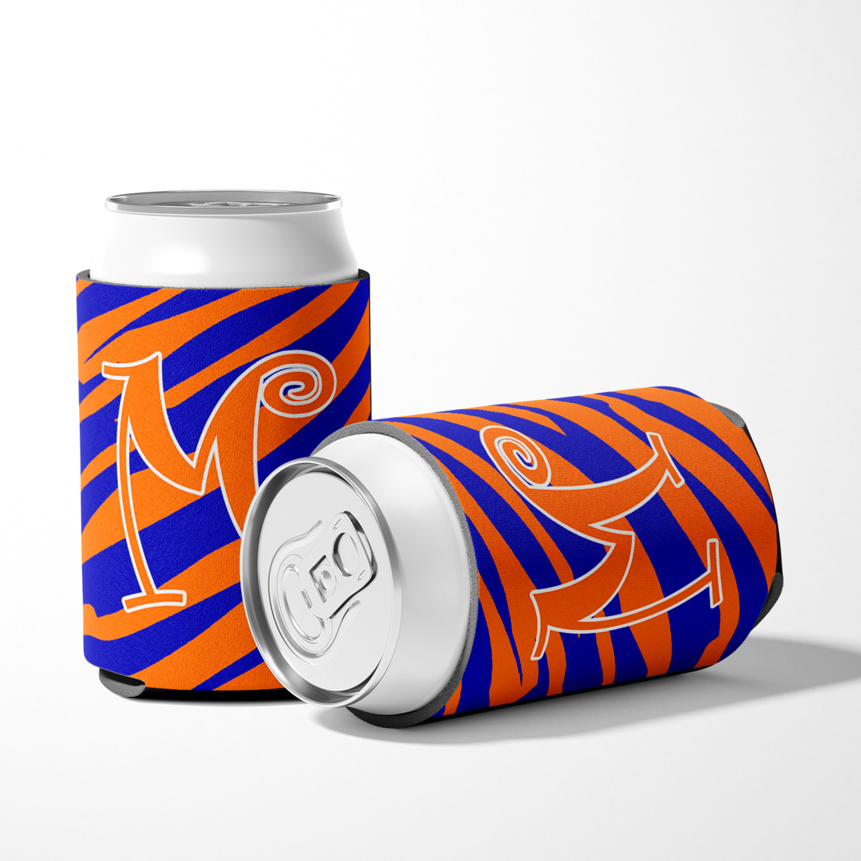 Letter M Initial Monogram - Tiger Stripe Blue and Orange Can Beverage Insulator Hugger