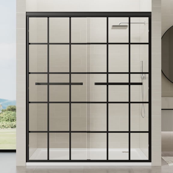 56–60" W x 72" H Semi-Frameless Double Sliding Shower Door, 6mm Tempered Glass, Matte Black Aluminum Frame with Black Grid