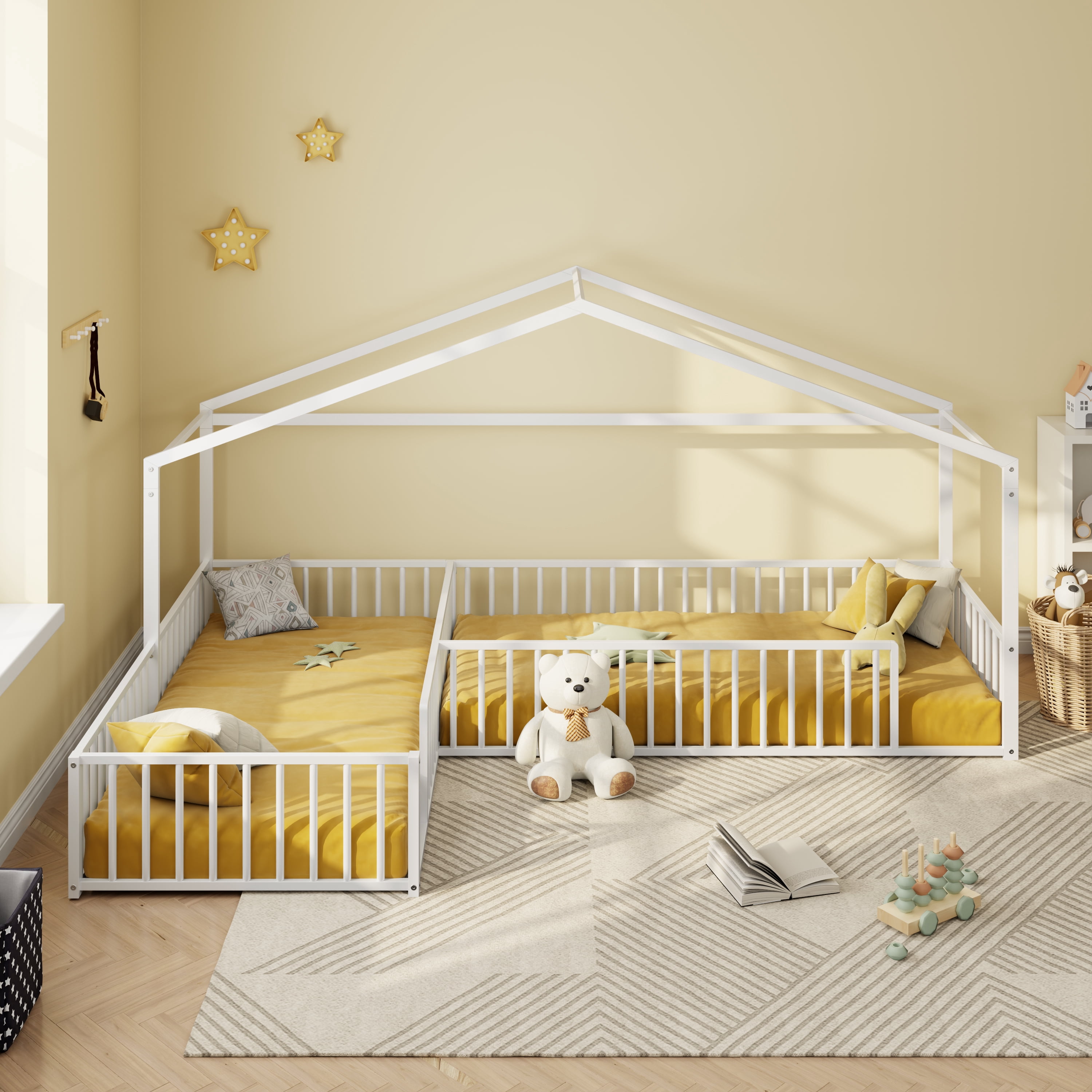 Euroco Metal L-Shaped Twin Size House Platform Bed, Double Montessori Bed with Fence, White