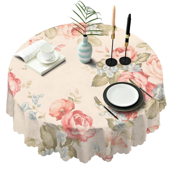 Round Tablecloth Polyester Cover 60 Inch flower Waterproof Stain Wrinkle Free for Kitchen Dining