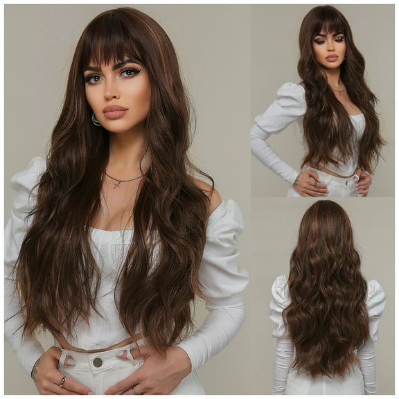 BERON Brown Wigs Long Wavy Women Wigs with Bangs Mixed Brown Curly Heat Resistant Synthetic Wigs for Daily Wigs Wig Cap Included