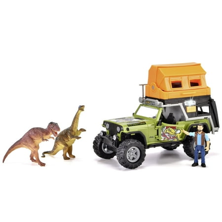 Dickie Toys: Jeep Dino Camper Set – Green & Orange – Light & Sound Toy Vehicle w/ Trailer Action Figure & 2 Dinosaurs Licensed Kids Ages 3+