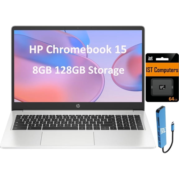 HP Chromebook 15 15.6" HD (Intel Pentium N6000, 8GB RAM, 128GB Storage (64GB eMMc   64GB SD Card), UHD Graphics, Numeric KB) Home & Student Laptop, Anti-Glare, Webcam, Wi-Fi, Chrome OS, Silver