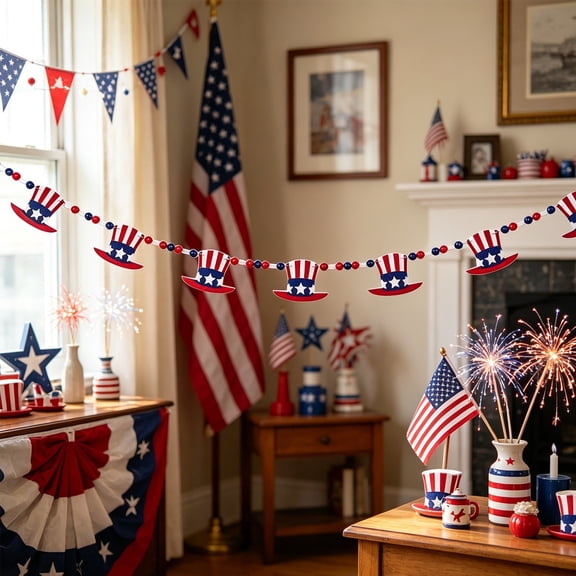 erdimoy 4th of July Patriotic Uncle Sam Hat Banner, 120cm Red White Blue Garland for Independence Day Party Decor
