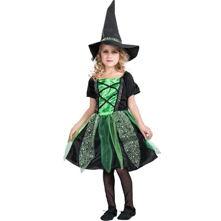 Girls Halloween Groovy Witch Dress & Hat Kit Masquerade Costume Cosplay Party Props--S Size for 3-4 Years Old Girls