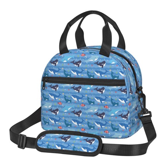 Xecao Blue Fish Pattern Thermal Tote Lunch Cooler Bag with Front Utility Pocket Lightweight Insulation Tech Gym Office Commute Ready
