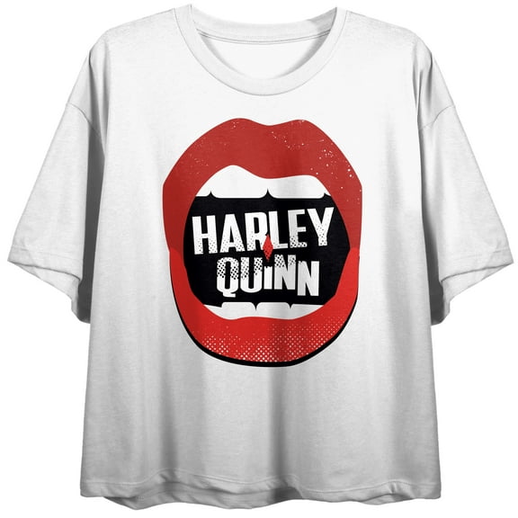 DC Comic Villain Harley Quinn Lips Juniors White Crop Top Graphic Tee - M