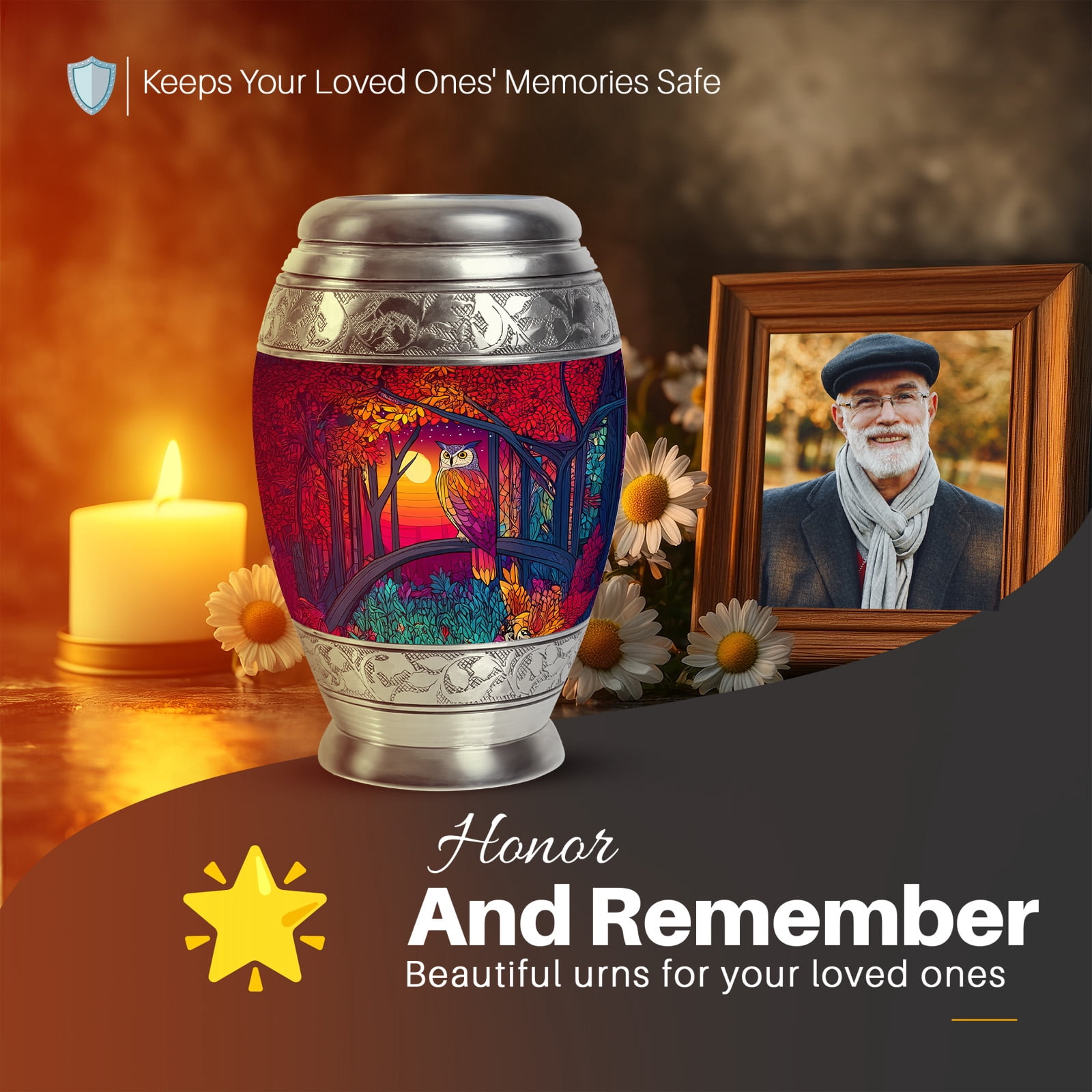 Yatskia Colorful Owl Mini Cremation Urns for Ashes Adult Mother and Father, Large Memorial Urn for Human Ashes Adult, (Monar 10 Inch and 3 Inch)