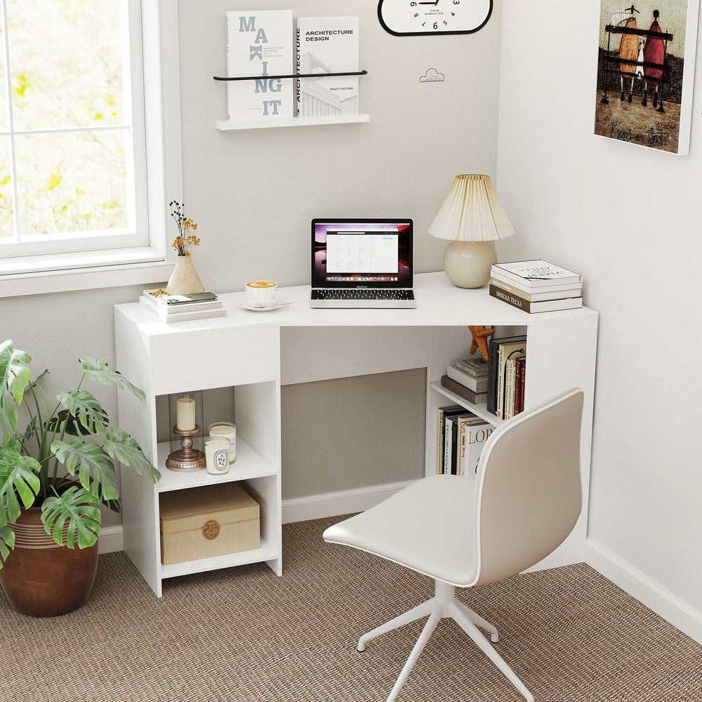 Resenkos 48-Inch L-Shaped Corner Executive Computer Desk with Built-In Storage Drawer - White