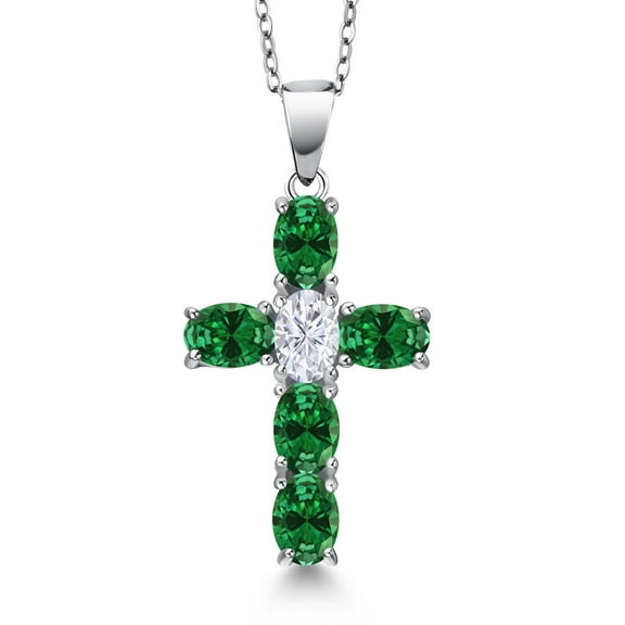 Gem Stone King 925 Sterling Silver Green Created Emerald and White Moissanite Cross Pendant Necklace for Women | 2.25 Cttw | Gemstone May Birthstone | Oval 6X4MM | With 18 inch Chain