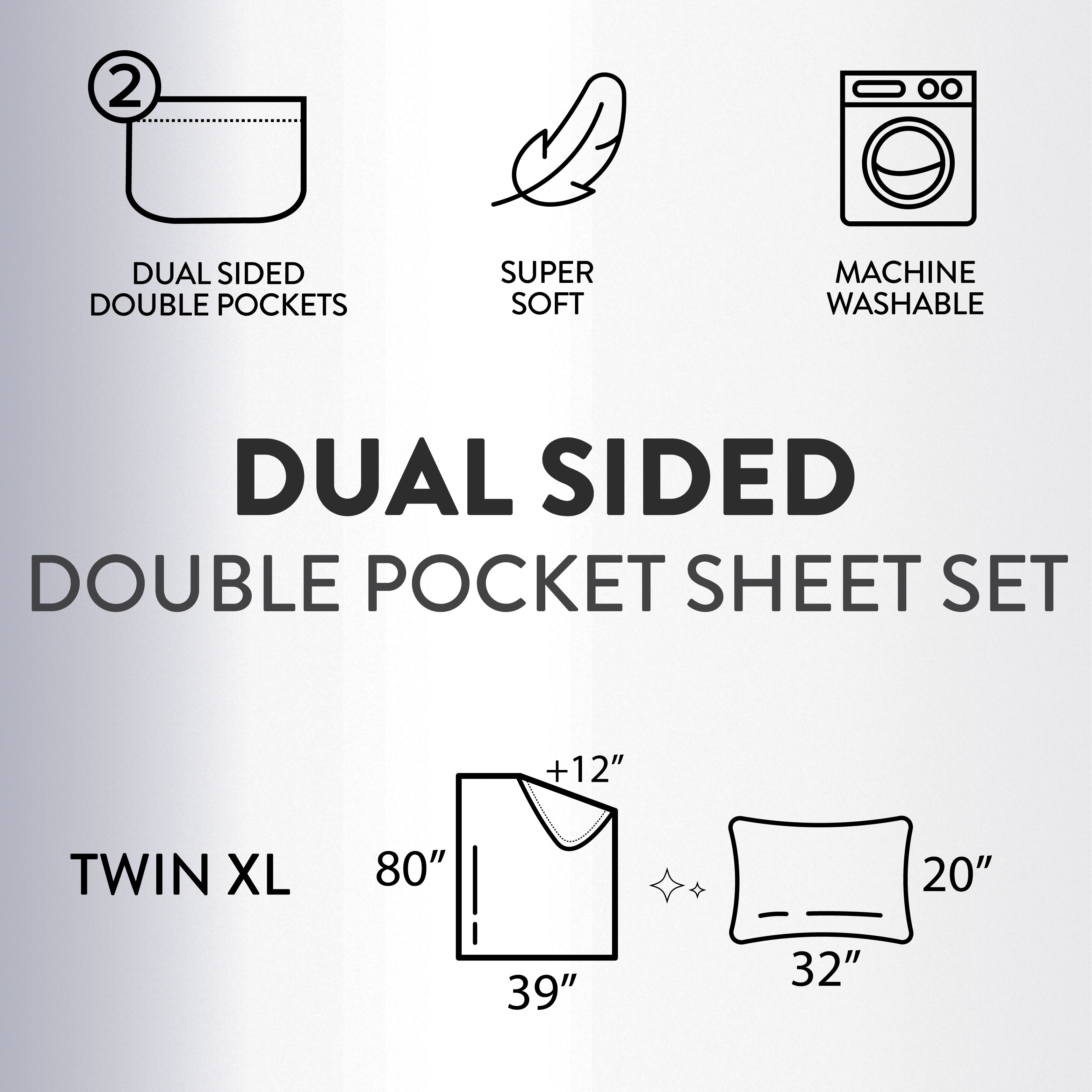 Urban Shop Double Sided Tech Pocket Fitted Sheet with Pillowcase, Twin/XL, Grey