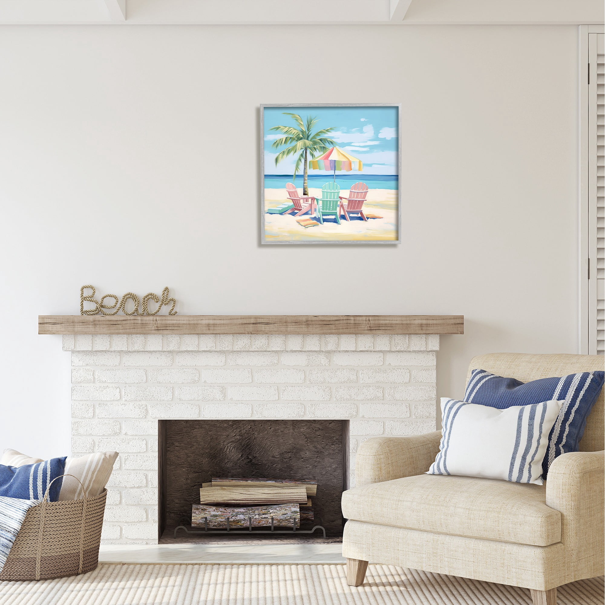 Stupell Industries Pastel Beach Umbrella Scene Landscape Painting Gray Framed Art Print Wall Art, 24 x 24