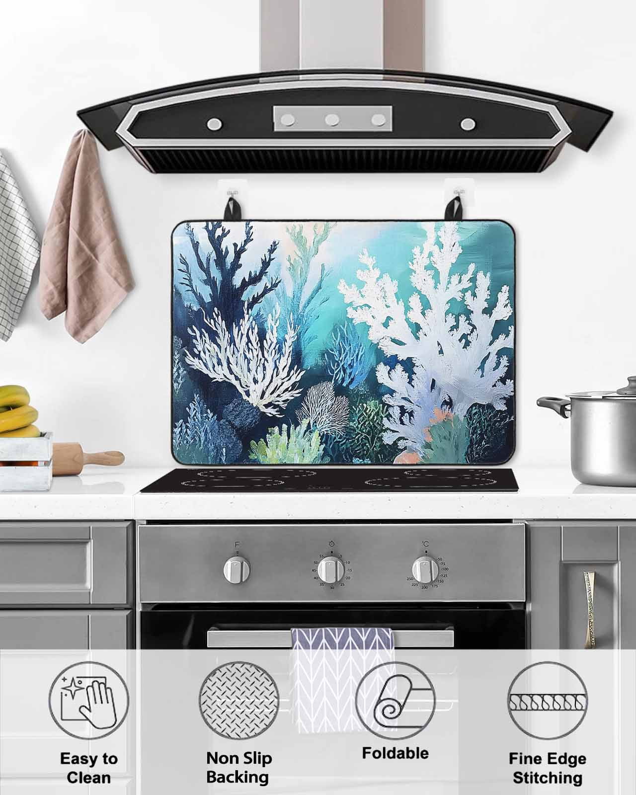 nqOlkjepod Large Induction Cooktop Protector Mat 36"x21", Coastal Ocean Stove Top Covers for Electric Stove, Summer Vintage Colorful Coral Decorative Stove Burner Cover Mats, Glass Top Stove Cover