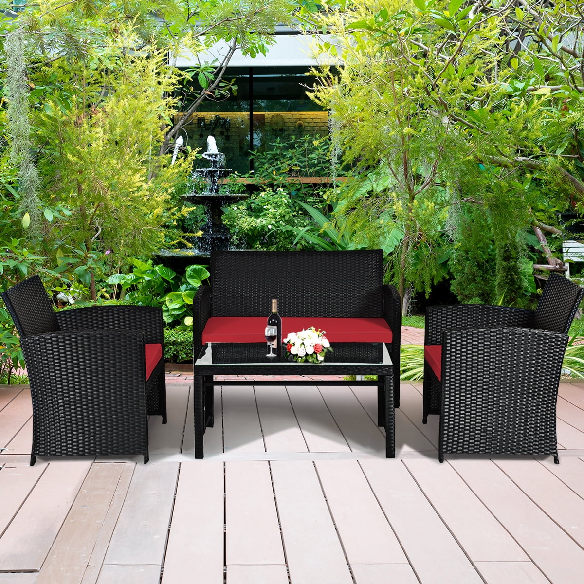 Costway 4PCS Patio Rattan Furniture Conversation Set Cushion Sofa Table Garden Red