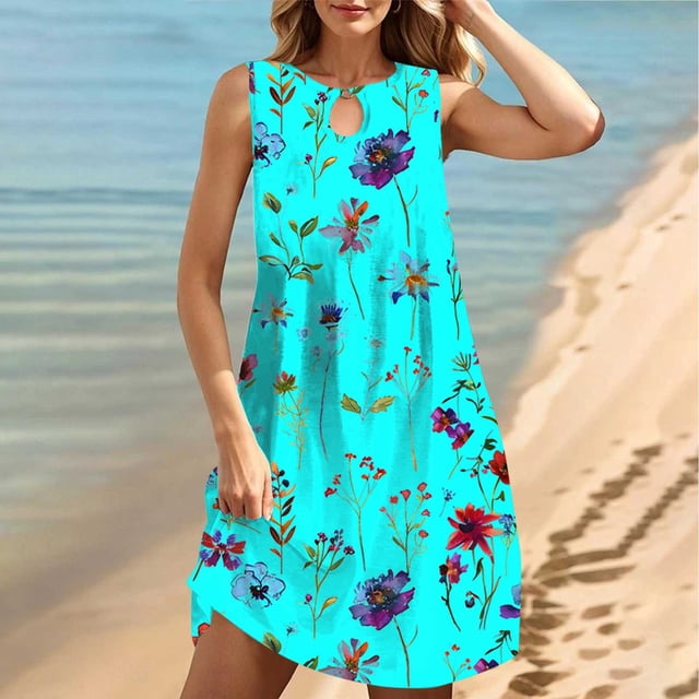 FcBaudy Robe Sans Manches Col Rond, Robes d'Été pour Femmes, Robes pour Femmes Col Rond Sans Manches Dégradé Teinture sur Nœuds Robe de Plage Robe pour Femmes