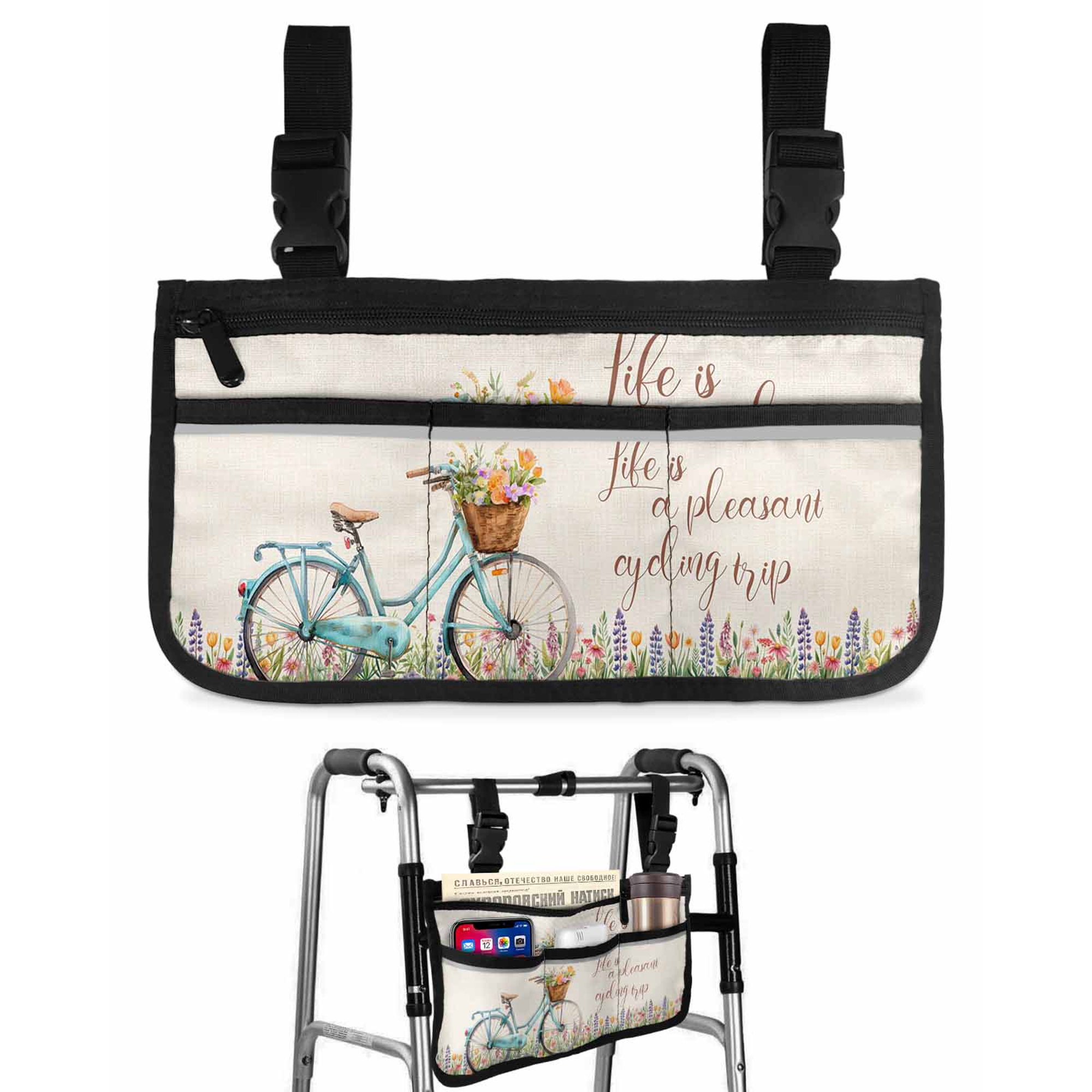 Life Is An Enjoyable Cycling Trip Wheelchair Side Bag with Cup Holder, Pastoral Bikes Floral Linen Wheelchair Armrest Bag Storage Pouch Adults, Seniors for Walkers, Rollator, Scooter