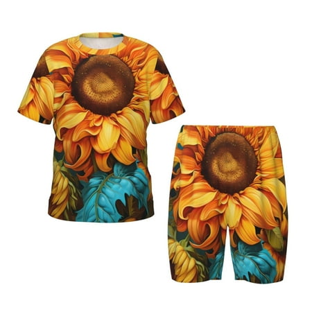 Luyuia Deep Yellow Colorful Sunflower Print Girls  2-Piece Tie-Dye Pajama Set  Cute Summer Loungewear with Shirt and Tank Shorts Nightwear-4X-Large