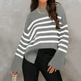 thumbnail image 2 of Odeerbi Fall Winter Striped Cotton Sweater For Women 2025 Long Sleeve Crew Neck Side Slit Oversized Pullover Sweater Gray, 2 of 5