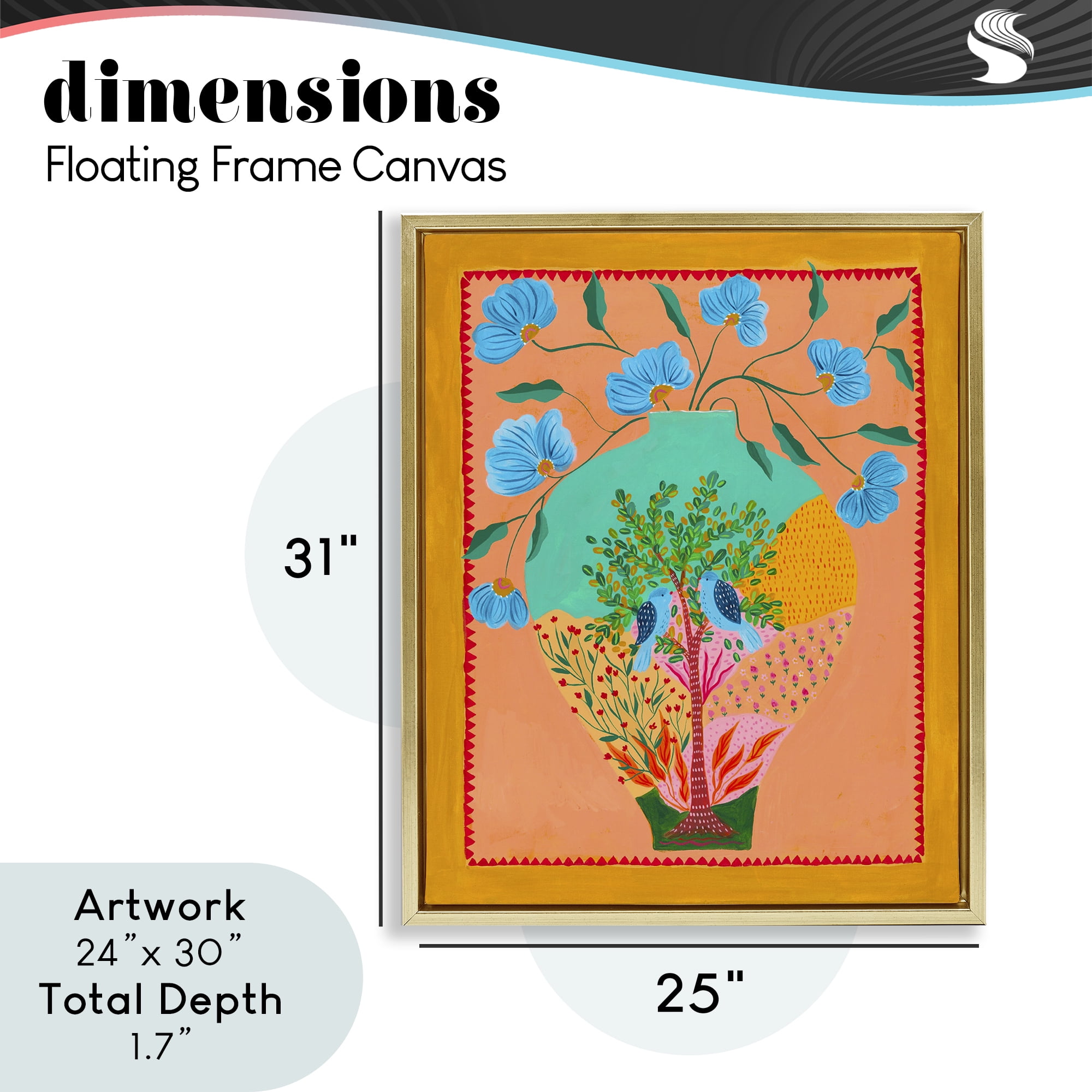 Bluebirds & Boho Flower Vase Gold Framed Floater Canvas Wall Art, design by Nabeela Rumi