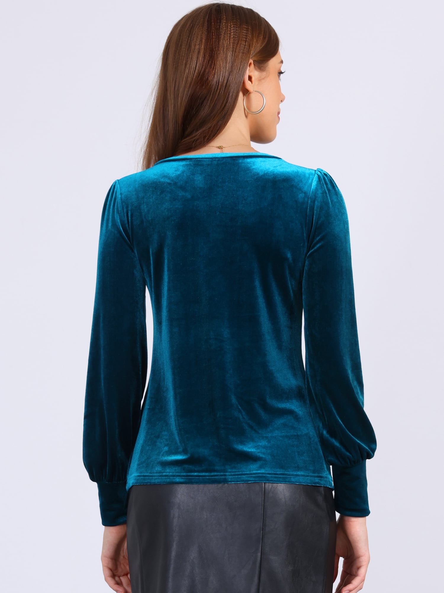 DARING DIVA Women's Velvet Crew Neck Puff Long Sleeve Blouses XL Peacock Blue