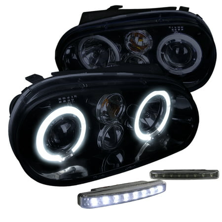 Spec-D Tuning For 1999-2006 Volkswagen Golf Gti R32 Mk4 Smoke Halo Glossy Black Projector Headlights + Led (Left + Right) 1999 2000 2001 2002 2003 2004 2005