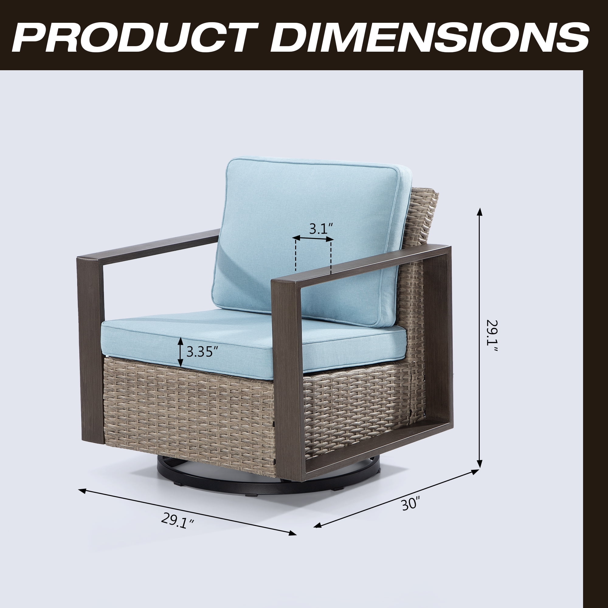 MeetLeisure Outdoor Swivel Patio Metal Chairs Set of 2, 360 Degree Glider Rocker Rattan Chairs with Washable Cushion & Steel Rectangular Armrest for Porch, Sky Blue