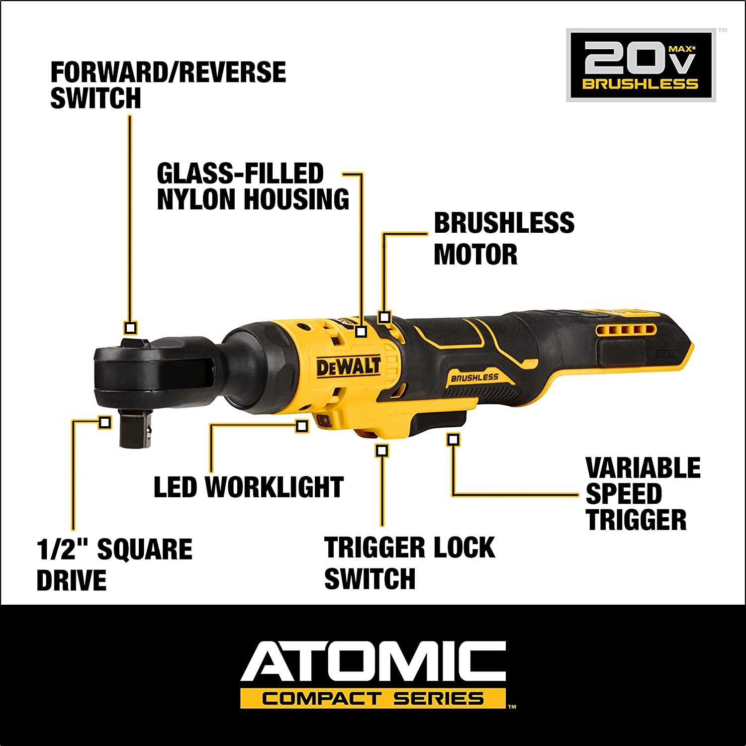 DeWalt ATOMIC COMPACT SERIES&trade; 20V MAX* Brushless 1/2 in. Ratchet Kit