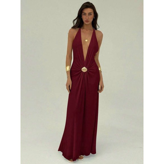 Burgundy Deep V Halter Maxi Dress With Gold-Tone Shell Medallion Detail For Summer Beach Vacation
