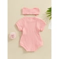 thumbnail image 2 of Mevireiy Baby Girls Romper Ribbed Knit Solid Color Short Sleeve Onesie Bodysuit Outfits,Pink,12-18 Months, 2 of 7