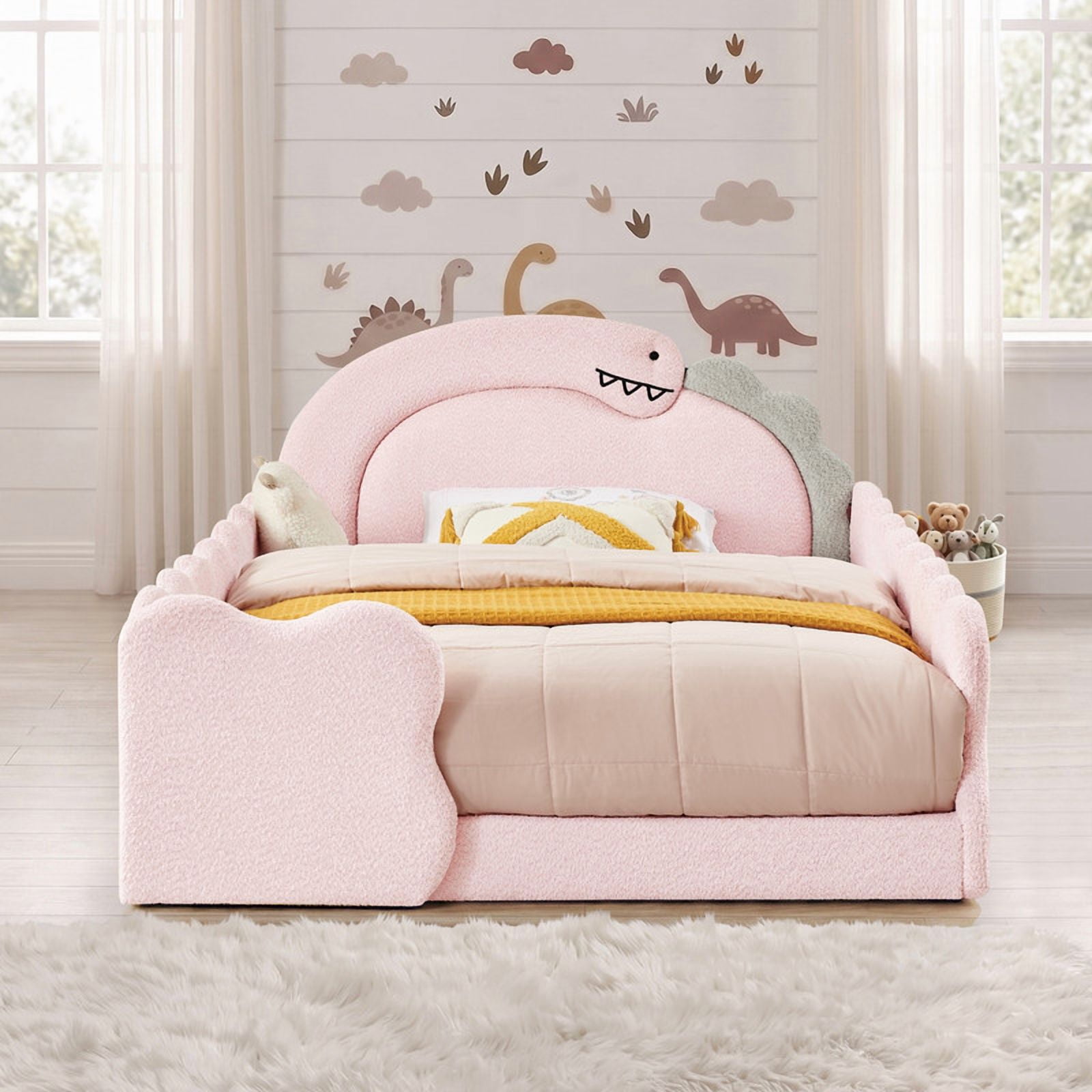 Full Size Kids Dinosaur-Shaped Platform Bed with Guardrails, Low-Profile Upholstered Boucle Fabric Playful Child Daybed Frame