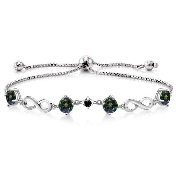 Gem Stone King 2.27 Ct Round Green Mystic Topaz Black Diamond 925 Sterling Silver Keren Hanan Women Adjustable Infinity Tennis Link Bracelet