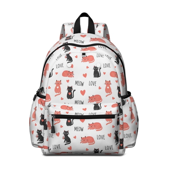 Cat and Heart White Pattern Cute School Backpack with Padded Back and Adjustable Shoulder Straps 13.4"x11"x4.7"