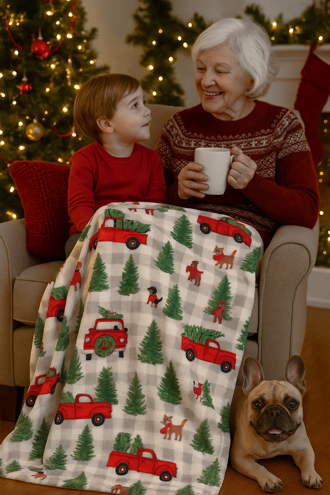 North Pole Trading  Red Truck Dogs Throw Blanket 50 x 60 inches Grey Buffalo Plaid Velvet Plush Adults