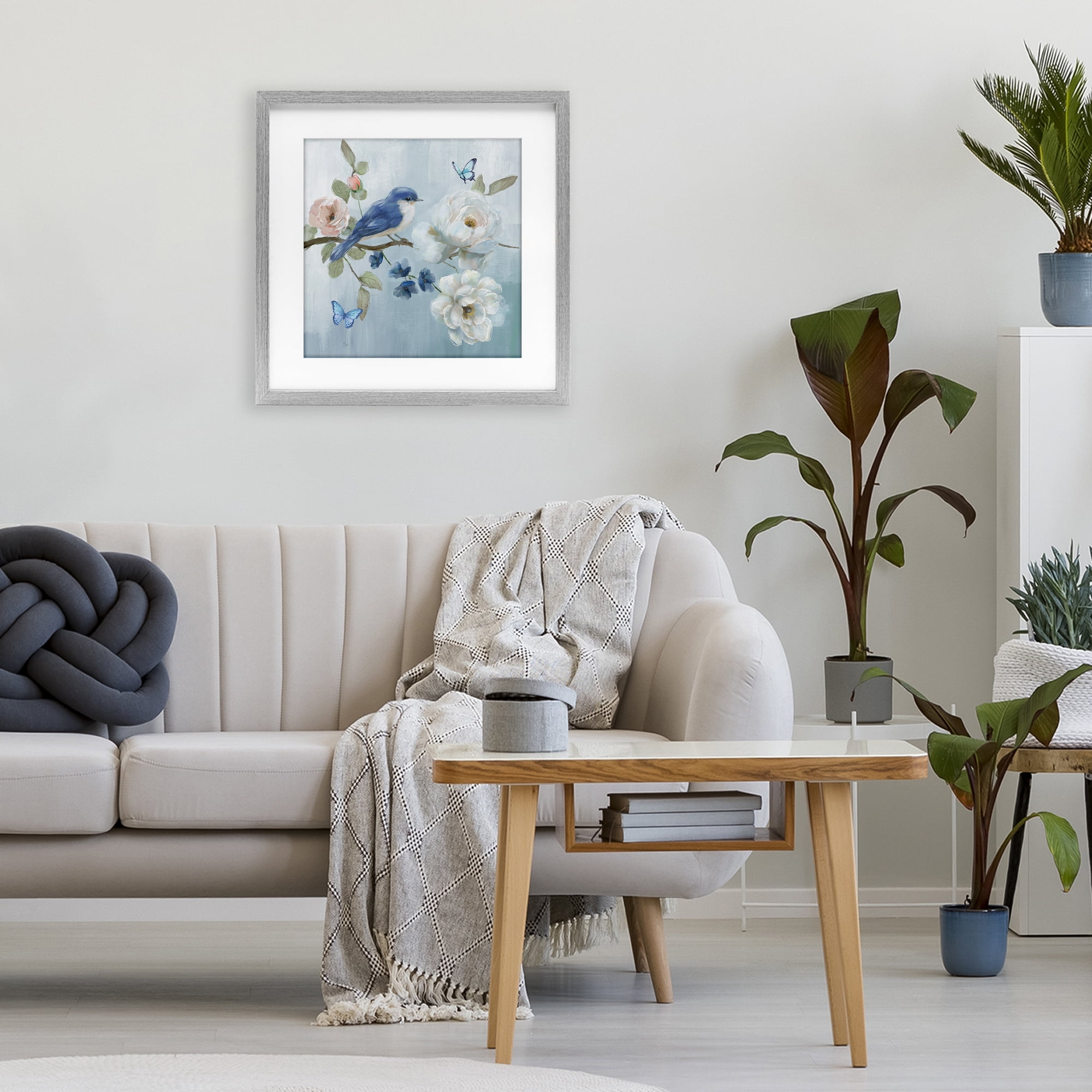 Stupell Industries Blue Bird Tranquility Gray Framed Print Under Glass, design by Nan