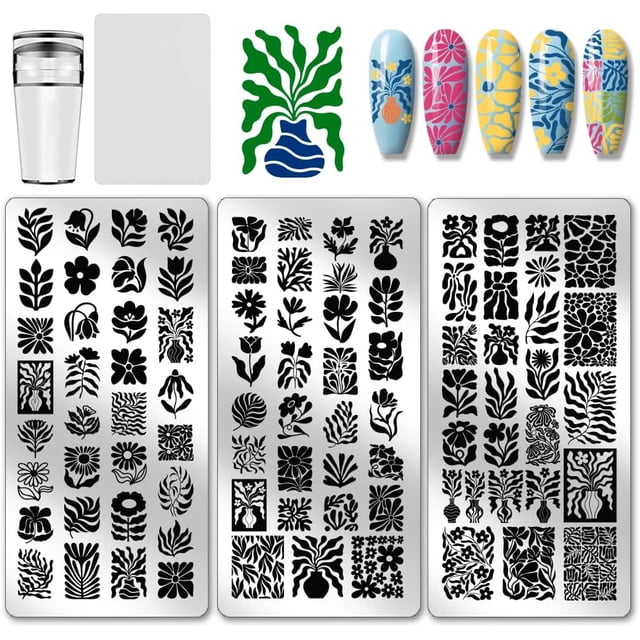 Juego de 3 placas para estampar uñas con diseños de flores y hojas. Plantillas para uñas con estampado floral ondulado.