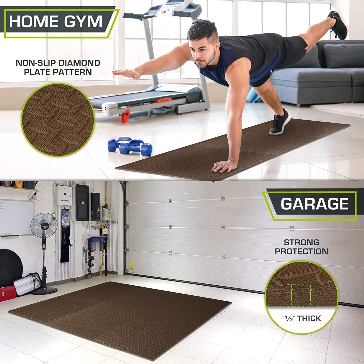 Interlocking Foam Floor Tiles, ½ Inch Thick, Water-Resistant EVA Exercise Mat for Home Gym, Workout Equipment Padding, 24x24 Inch, 48 Sq Ft (12 Tiles)