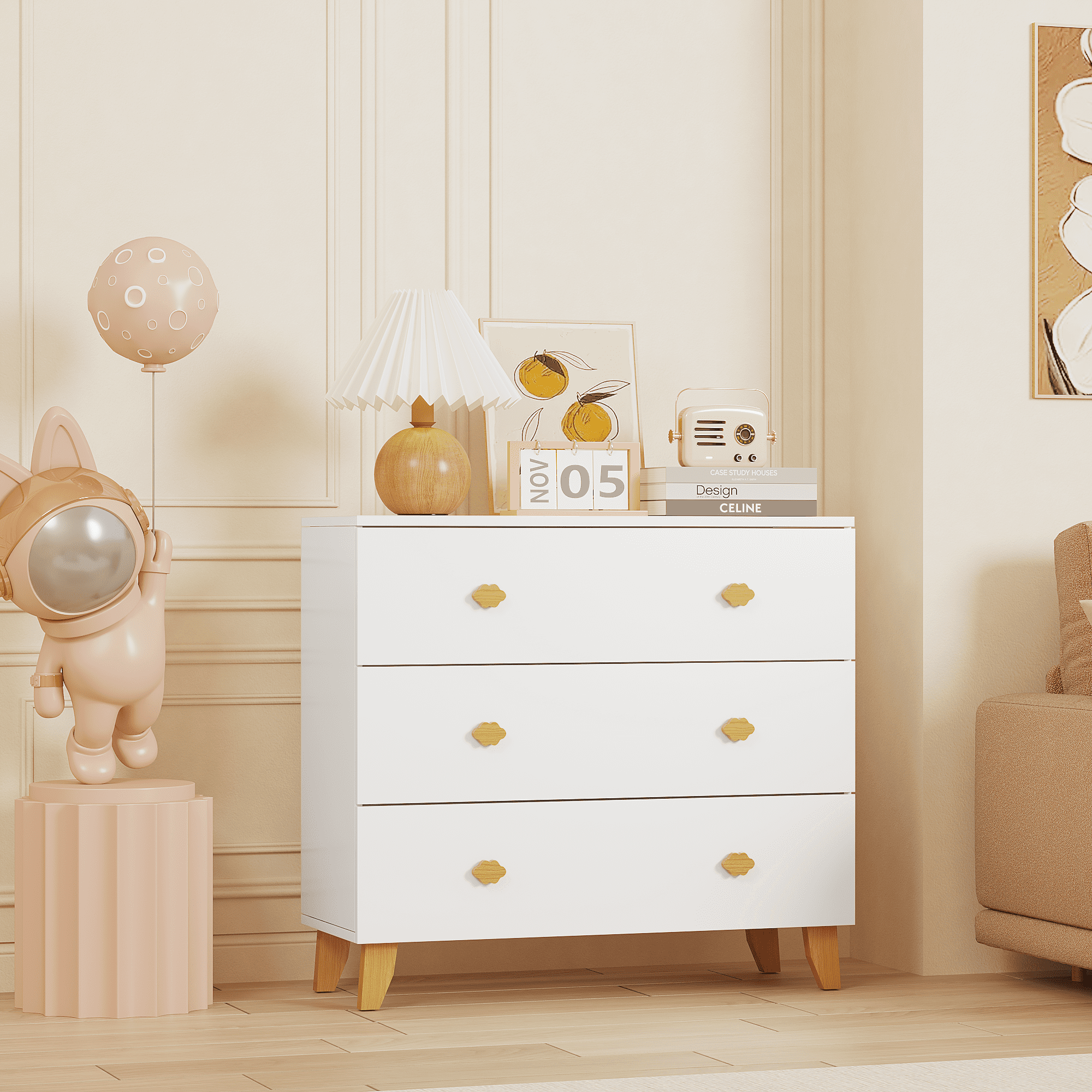 White Kids Dresser with Handles 3 Drawers Pine Legs Nursery Bedroom Storage