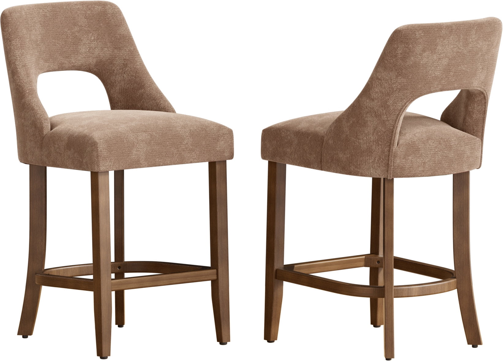 PORKISS 26" Bar Stools Set of 2, Upholstered Kitchen Island Stools with Hollow Back, Mid-Century Counter Stools with Wood Legs Footrest, Khaki