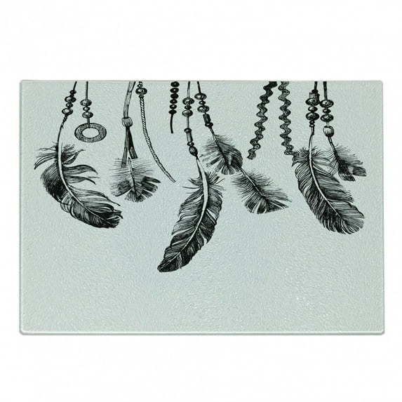 Tribal Cutting Board, Tribal Feathers for Wisdom and Strength, Decorative Tempered Glass Cutting and Serving Board, Small Size, White and Black, by Ambesonne